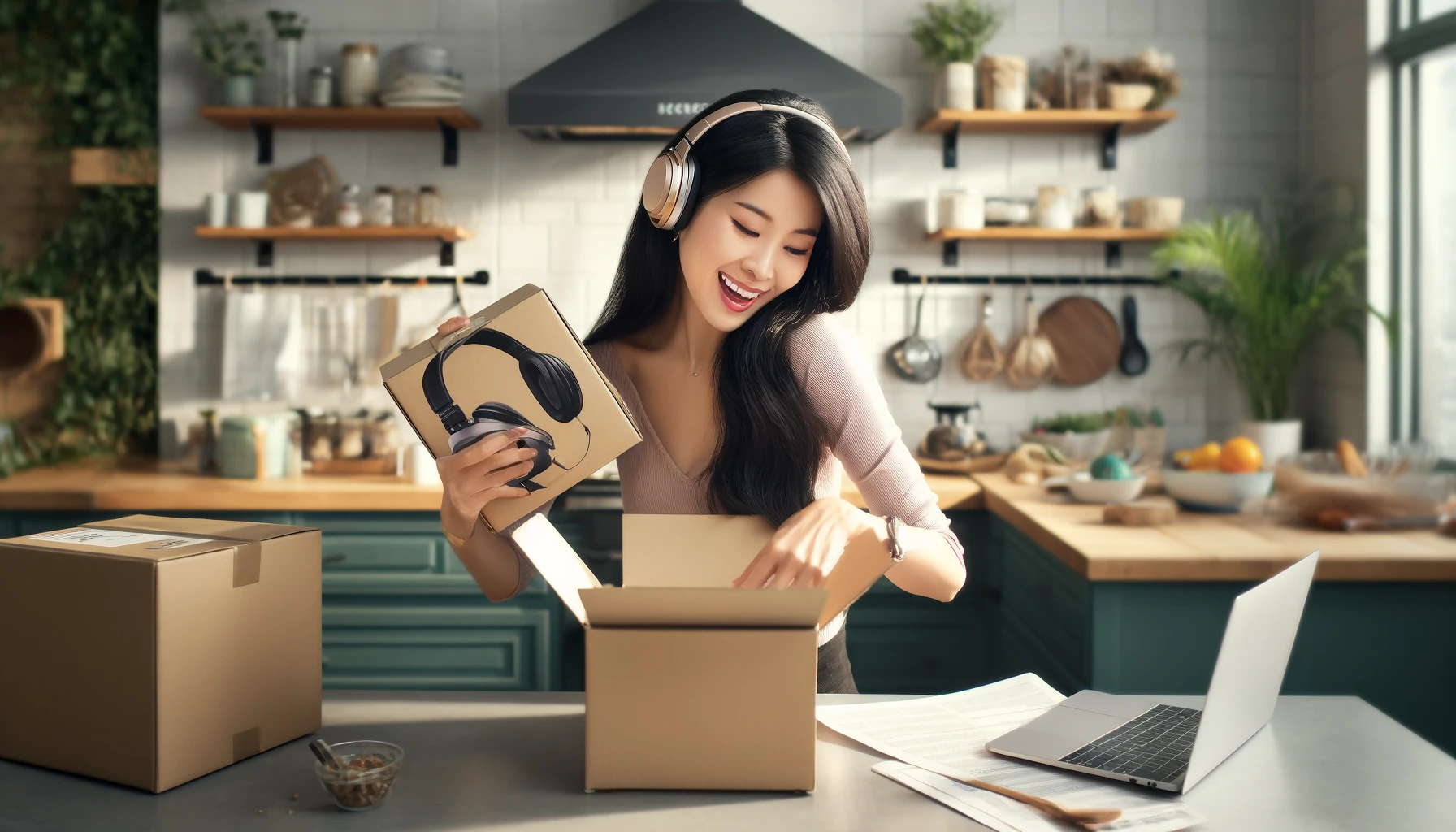 An Asian Chinese beautiful woman is in her kitchen, receiving, unpacking, and trying on her headphones that she ordered from online shopping