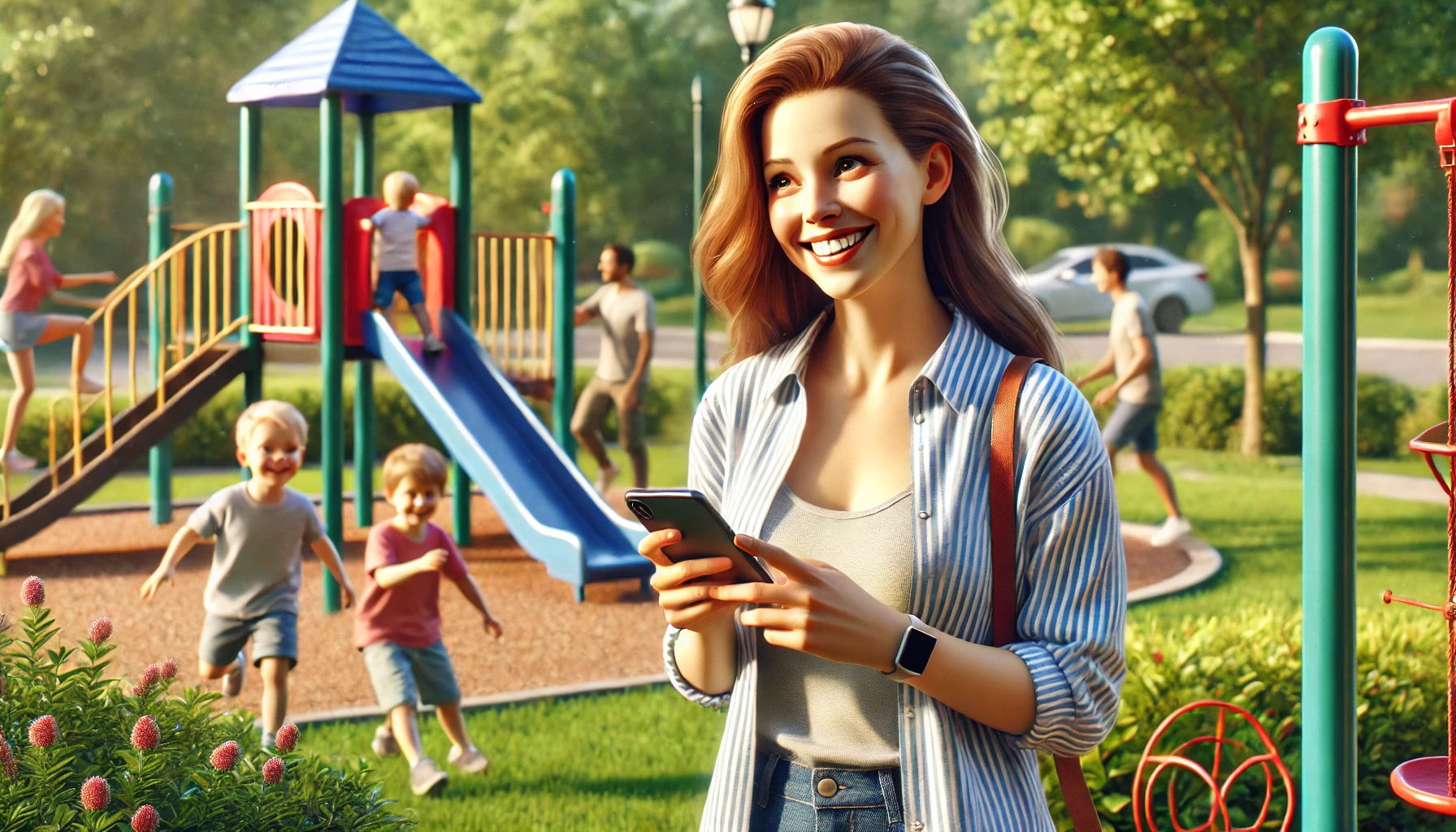 a smiling mother standing near a playground, holding a smartphone, and watching her child play with friends. The scene is set in a park with lush greenery, a bright sunny day, and colorful playground equipment.