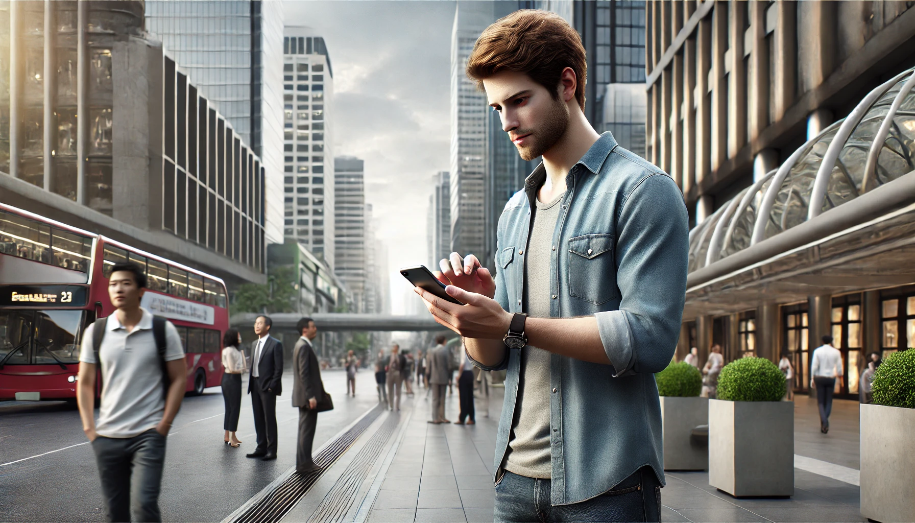 a man using his phone while standing on a city street abroad. The background includes modern buildings, a busy sidewalk, and people walking by. 
