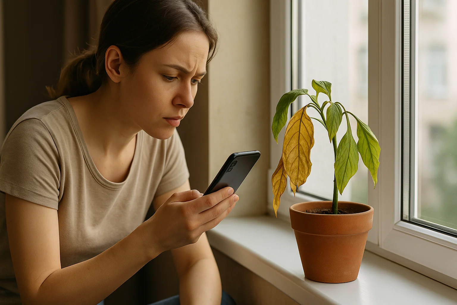 A woman uses her smartphone to inspect the yellowing leaves of a houseplant on a windowsill.