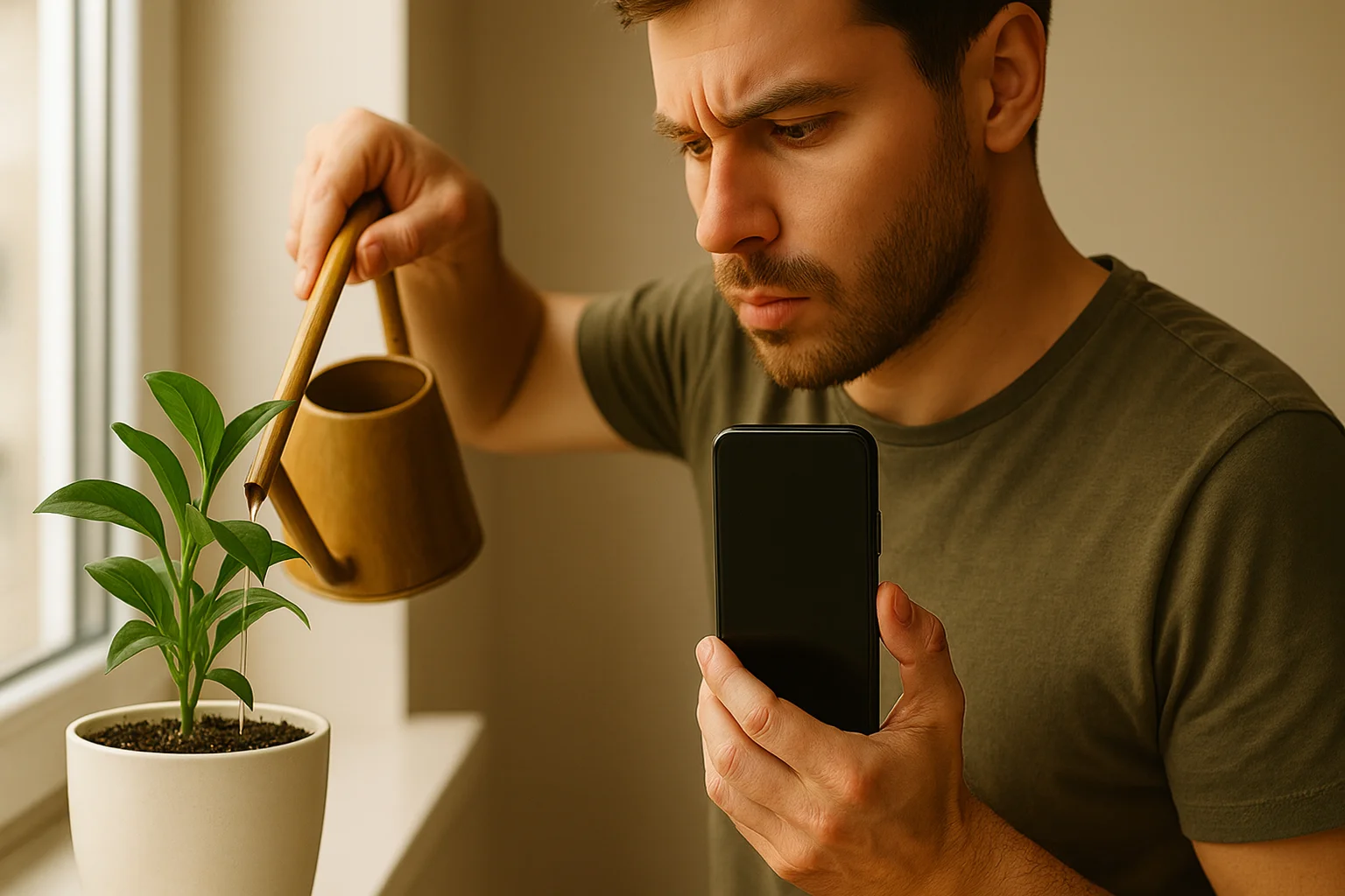 A man waters a potted plant and checks with the phone so as not to overwater the soil.