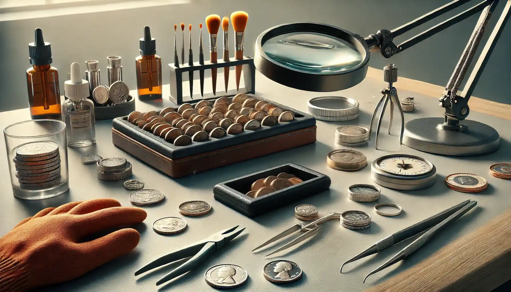 A collector's workspace focusing on tools for working with coins. The desk includes a magnifying glass, tweezers, gloves, a coin album, and coin cleaning brushes.