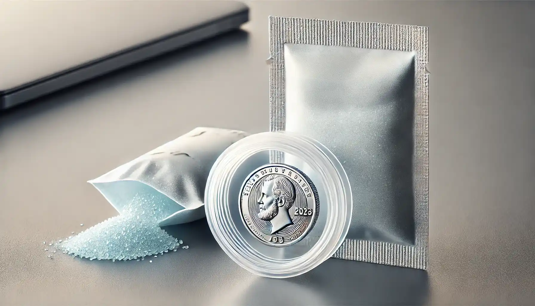 A plastic coin capsule containing a single coin, placed next to a small packet of silica gel. 