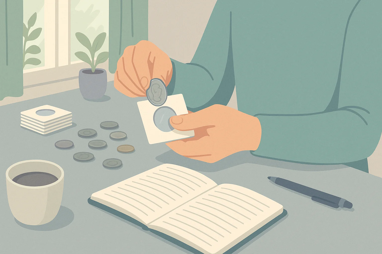 A person places coins in holders, arranging the collection at home.