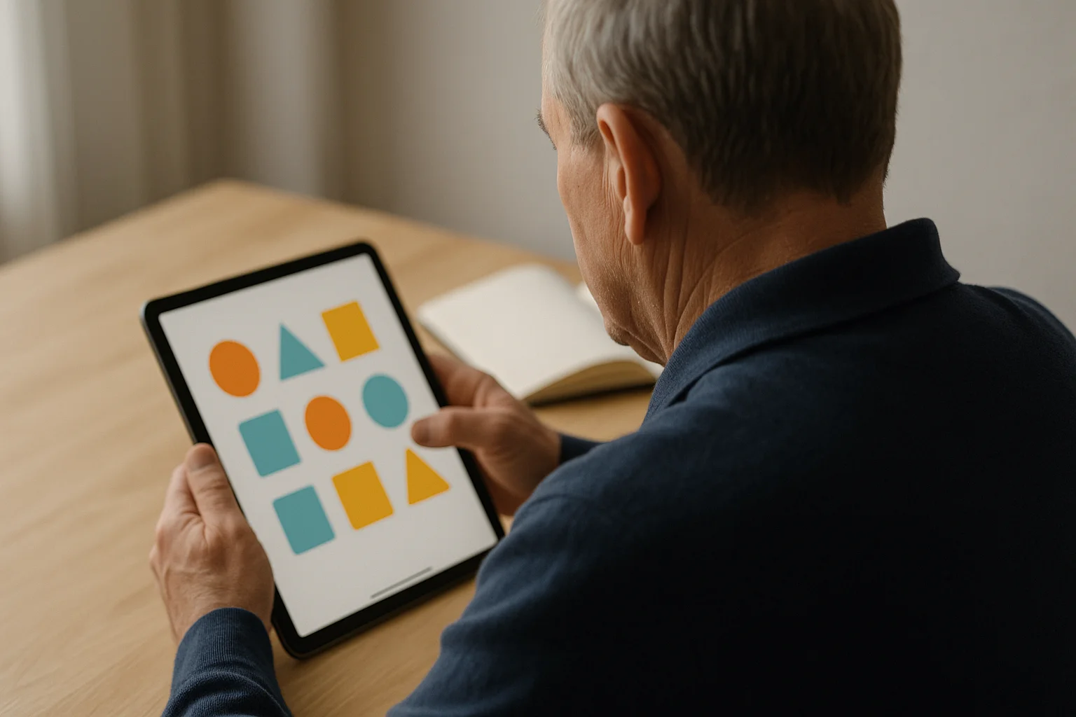  A senior man plays a memory-focused tablet game, engaged with colorful symbols on a clean interface, fully immersed yet relaxed.