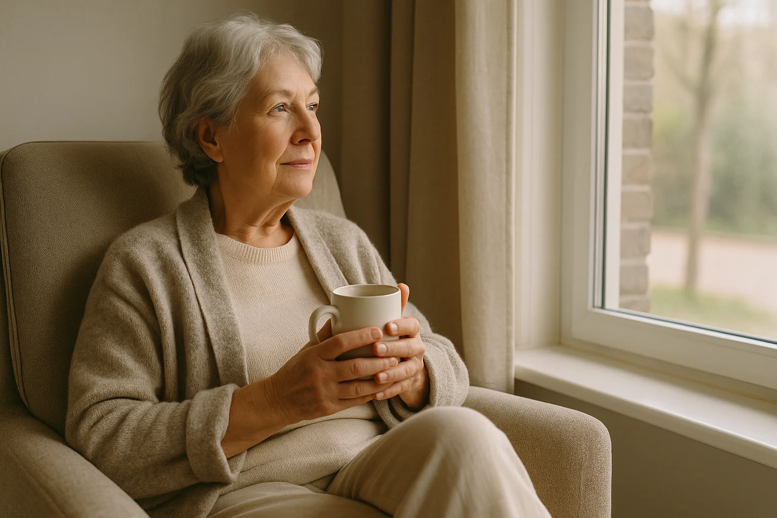  An elderly woman in cozy clothes sits peacefully by the window with a warm mug in her hands, taking a quiet break to let her mind reset.