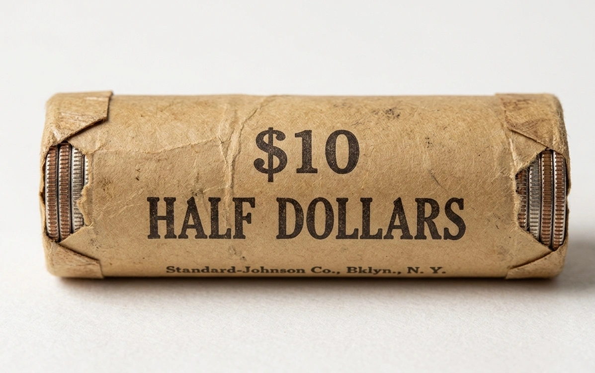 close-up of coin roll paper labeled “$10 Half Dollars”